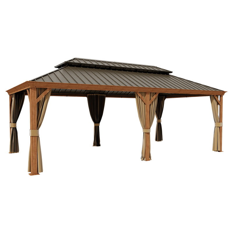 12x24ft.Hardtop Aluminum Gazebo with Galvanized Steel Double Roof, Mosquito Netting, Privacy Curtains & Ceiling Hooks – Wood Grain Outdoor Gazebo for Patio, Deck & Backyard
