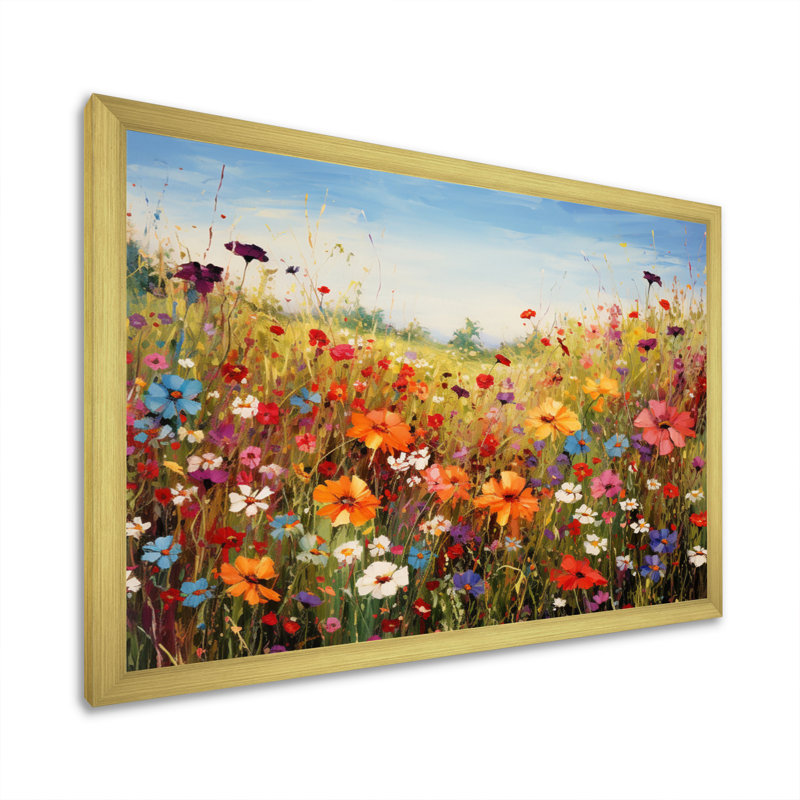 Fleurs colorées de prairies colorées I, reproduction d'art sur toile, H 12 po x l 20 po, Impression encadrée, Doré