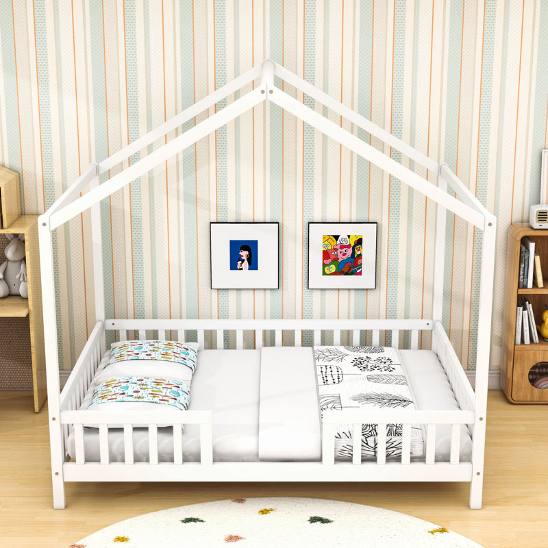 House Bed With Slats And Safety Railings, Full, White