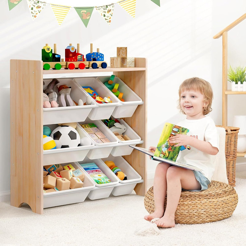 Étagère de rangement en bois massif à 4 niveaux - Organisateur en bois naturel pour salle de jeux ou chambre de bébé