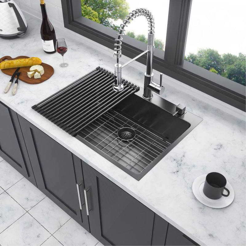30X22 Inch Kitchen Sink Drop In Gunmetal Black 16 Gauge Stainless Steel 30" Single Bowl Topmount Kitchen Sink Basin
