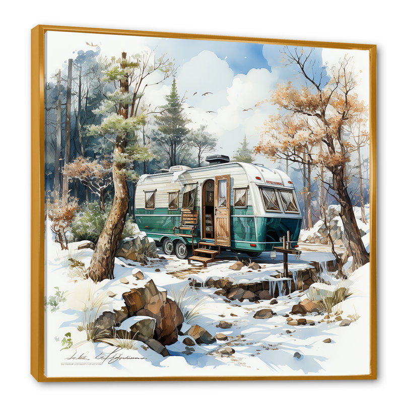 «Camping Van Charm In Winter I», reproduction sur toile, H 24 po x l 24 po, Cadre flottant doré
