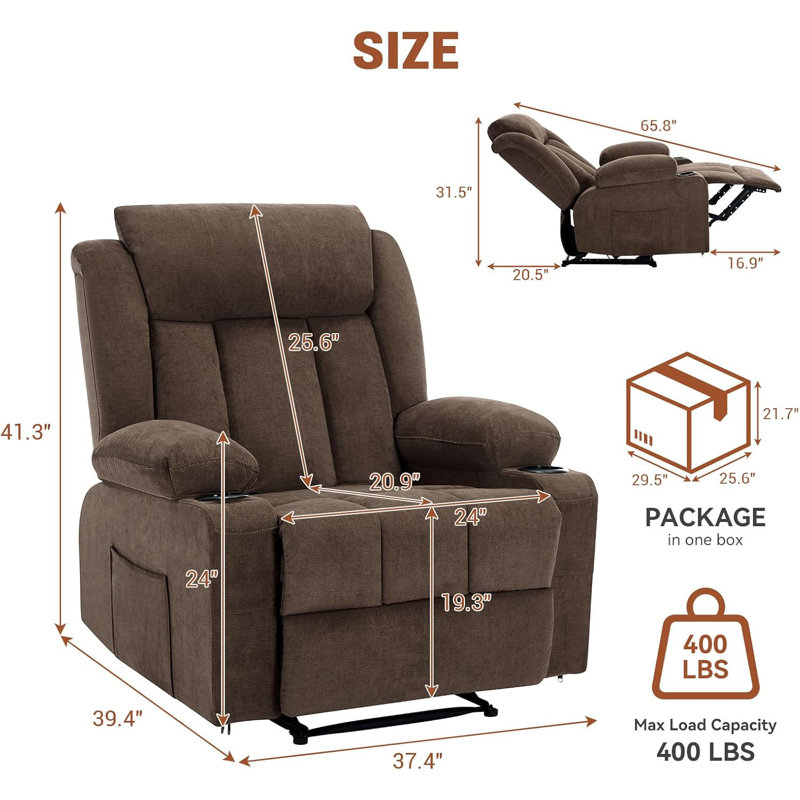 Oversized Manual Recliner Chair with Vibration Massage and Heat, Classic Overstuffed Deep Seat Sofa with Side Pockets, Front Pockets, and Cup Holder