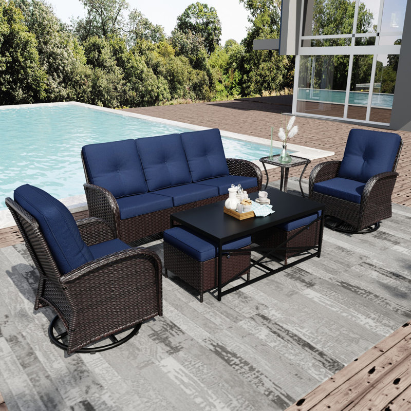 5-Person PE Wicker Outdoor Patio Set With Sofa,Chairs,Ottomans,2 Tables & Blue Cushions, Blue