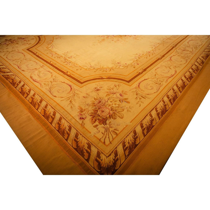 1850s Antique Masterpiece Beige Field Floral Medallion Weave French Aubusson Rug