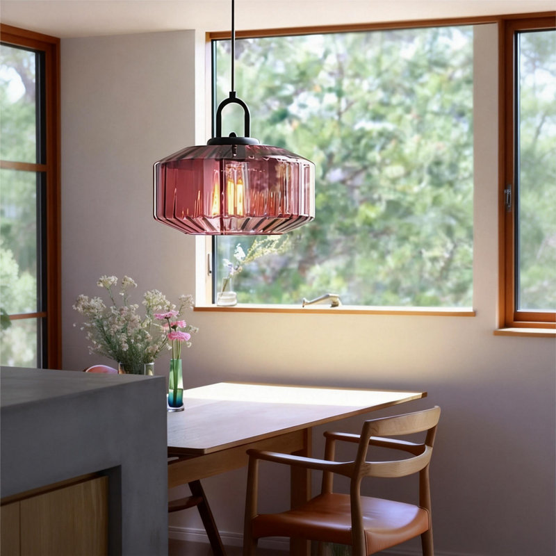 Modern Geometric Ribbed Glass Pendant Light, Purple, Purple