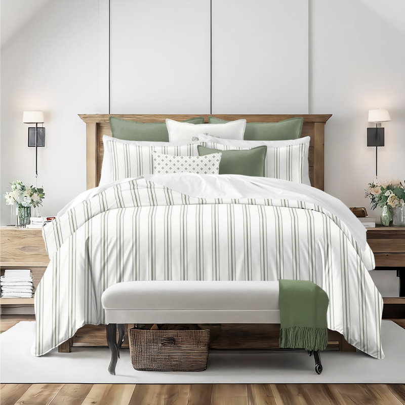 August Stripe Reversible Cotton Duvet Cover Set, Twin Duvet Cover + 2 Standard Shams, Sweet Grass
