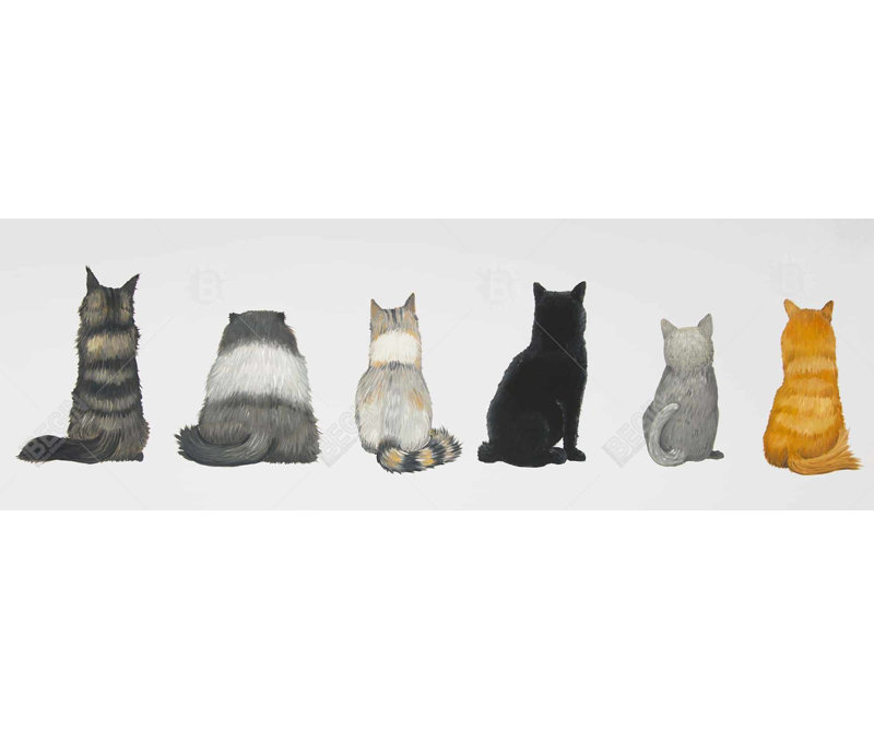 Toile six chats | Décor de chambre brun animal | Vue arrière, H 16 po x l 48 po