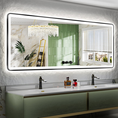 Hyosvany Matte Black Matel Framed LED Vanity Mirror with Front-lit and Back-lit, Memory Function, 3 Color Temperatures, Dimmable Light & Anti-fog Tempered Glass Mirror