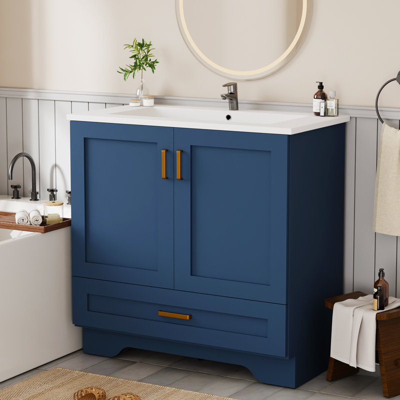 Meuble-lavabo autoportant 36 po avec lavabo 36 po, meuble-lavabo à 2 portes et 1 tiroir, poignée en métal, bleu, Blue, 36"