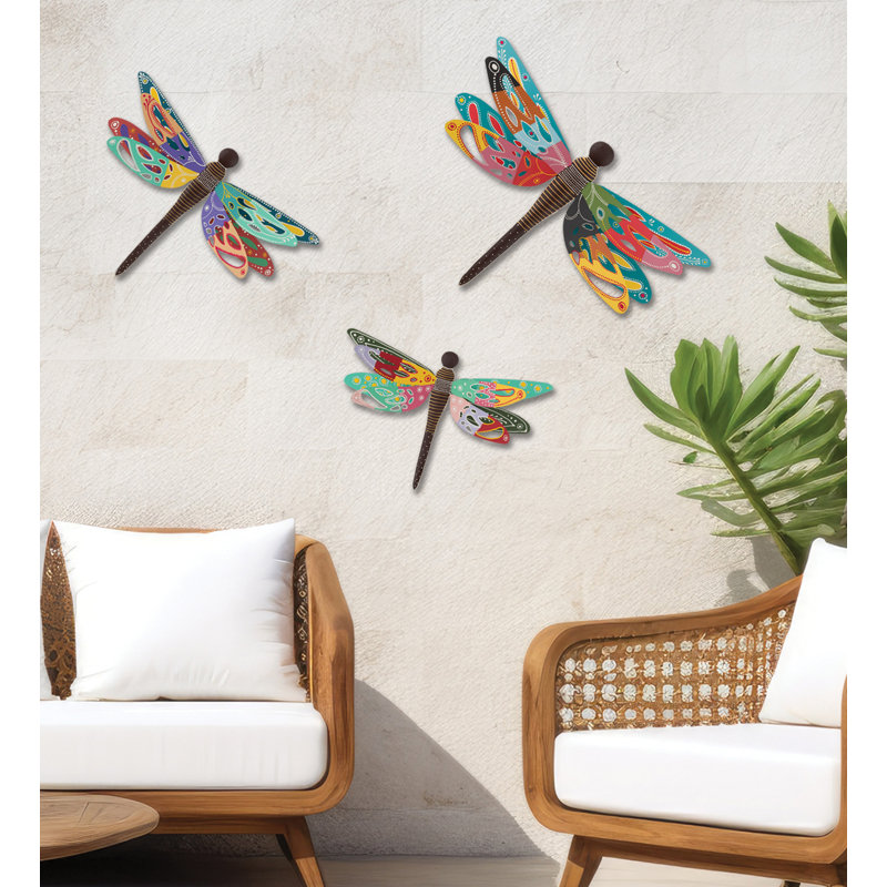 13" Garden Vibe Metal and Glass Floral Wall Décor with Painted Wing Accents - 3 Dragonfly, 1 dragonfly