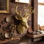 Tête de cerf en résine dorée 3D à fixer au mur, ornée de bois fleuri, style vintage. Décoration murale en résine imitation taxidermie.