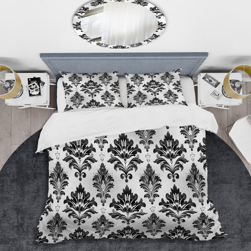 Ensemble de housse de couette transitionnel noir et blanc damassé Tradition II