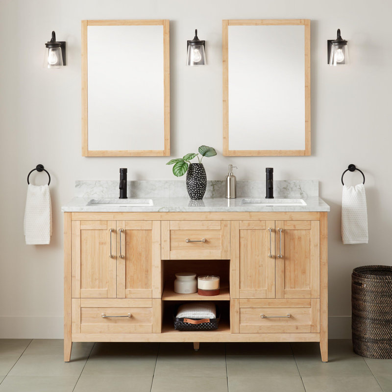Burfield 61" Double Bathroom Vanity Set with Rectangular Undermount Sink, Carrara Marble, Single-Hole Centered