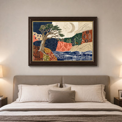 «Woodcut Tree and Birds Over Blue Water», art mural sur toile