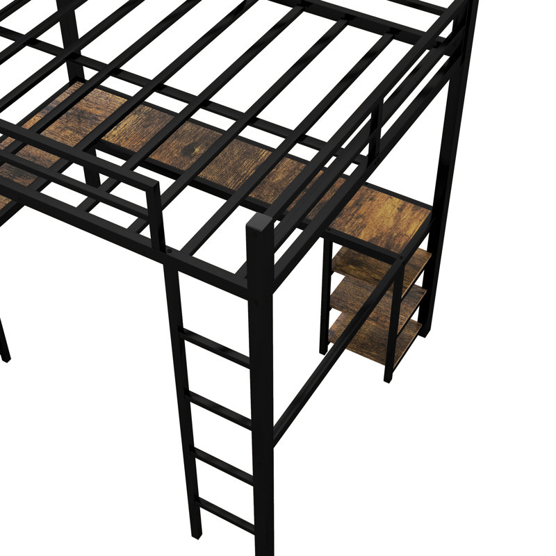 Lit mezzanine avec bureau et garde-corps - Métal noir pour solution de rangement efficace pour la chambre à coucher
