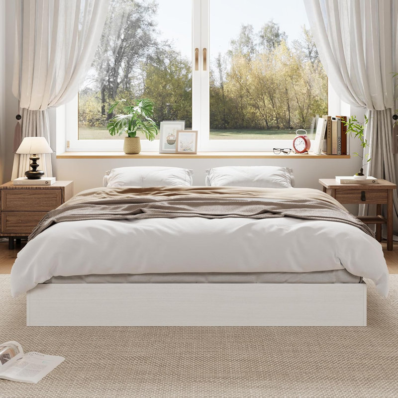  Wood Platform Bed with Sturdy Wooden Slats, Floor-Standing Bed Frame, Modern Minimalist Design Bed Frame, No Box Spring Needed, Space Saver, Easy Assembly