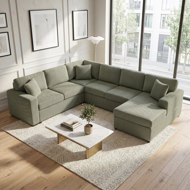 Canapé modulaire surdimensionné en U de 115,3 po avec méridienne - canapé en velours côtelé, 3 coussins décoratifs, assise profonde (22 po) et coussins épais (5,9 po) - grand canapé modulaire de salon, support à ressorts ensachés - Assemblage facile