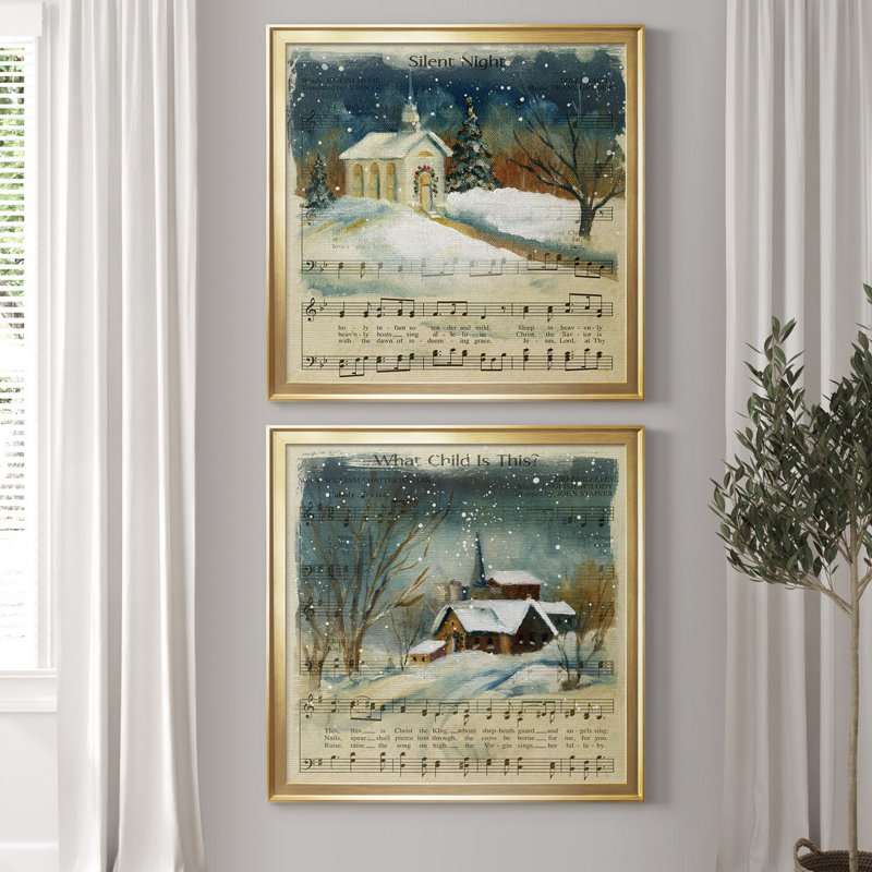Silent Night - ensemble de 2 reproductions d'impressions, H 34,5 po x l 69 po x P 1,5 po, Toile encadrée d'or, Pas de tapis