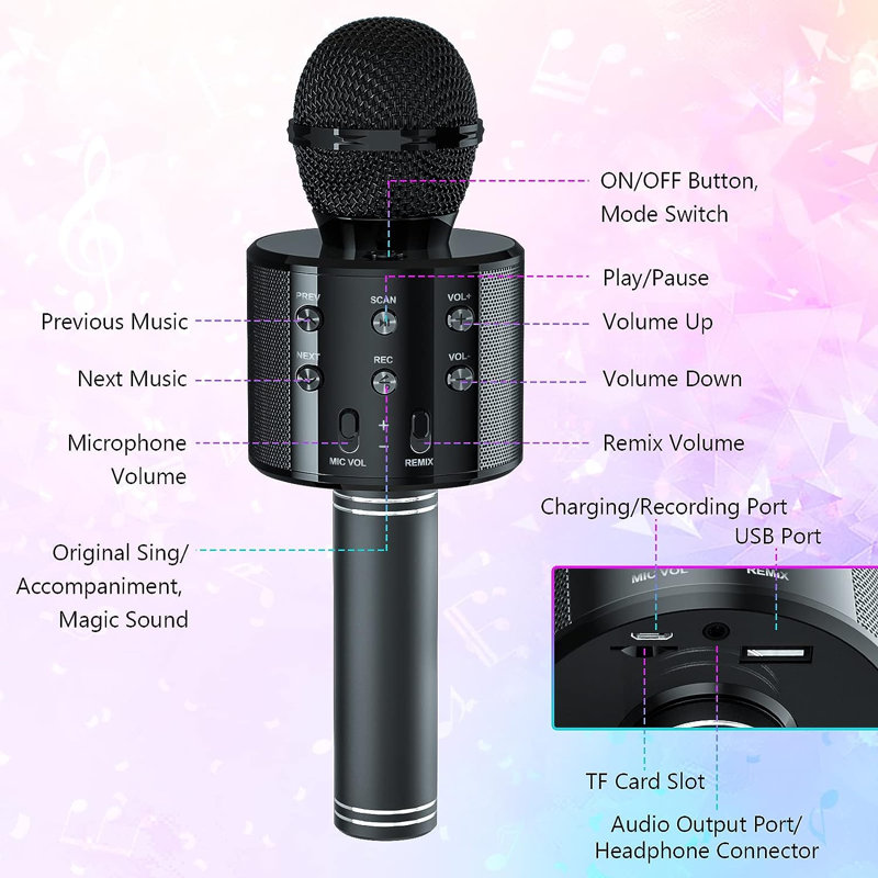 Microphone Bluetooth Karaoke, Noir