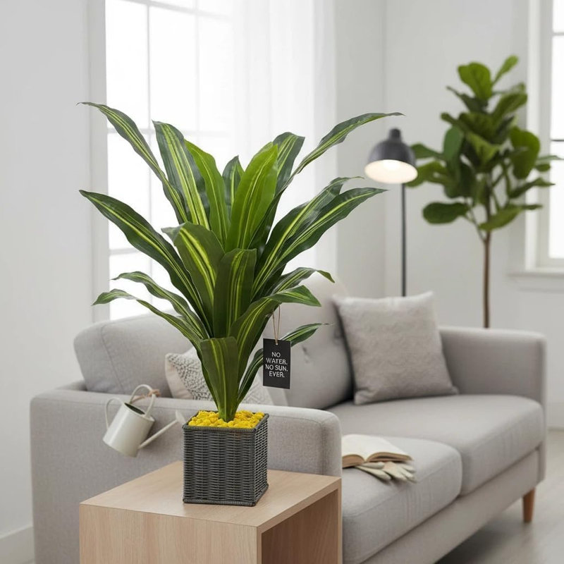 2PCS 3FT Artificial Dracaena Fragrans (Brazilian Iron Tree) with Vintage White Pot & Yellow Pebbles - Low-Maintenance Faux Plant for Indoor & Outdoor Home Office Decor