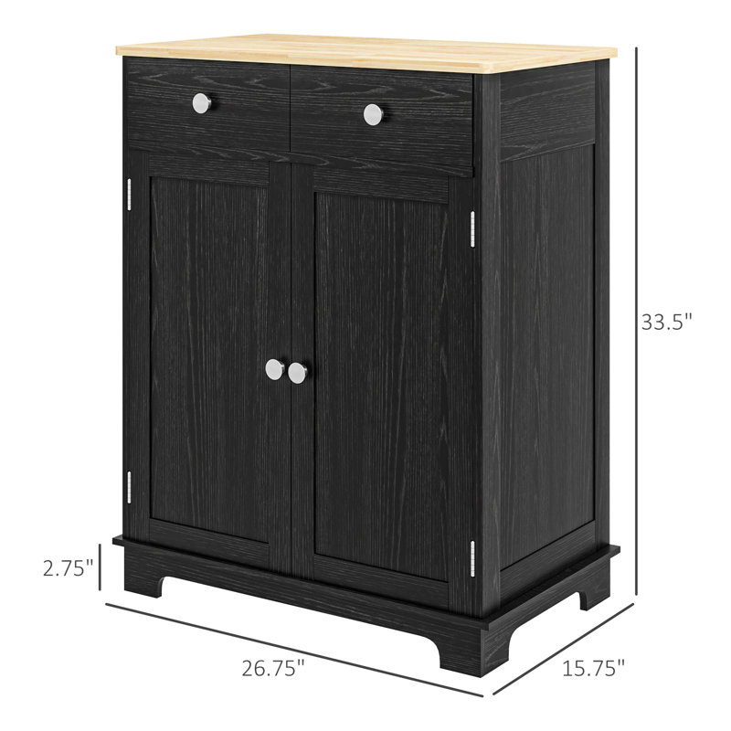 Distressed Black Sideboard Storage Cabinet - Solid Wood Countertop, 2 Drawers, Doors, Adjustable Shelf For Gym Kitchen Home
