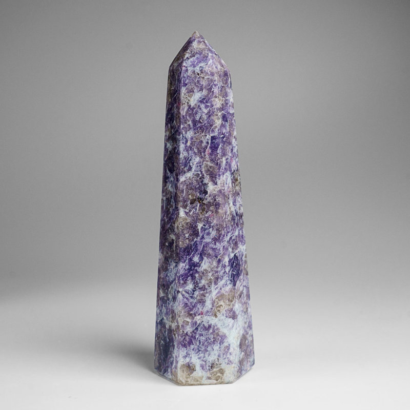 Véritable pointe de lépidolite polie de Madagascar (1,6 lb), 6.75" H x 1.75" W x 1.5" D, Purple/White/Brown