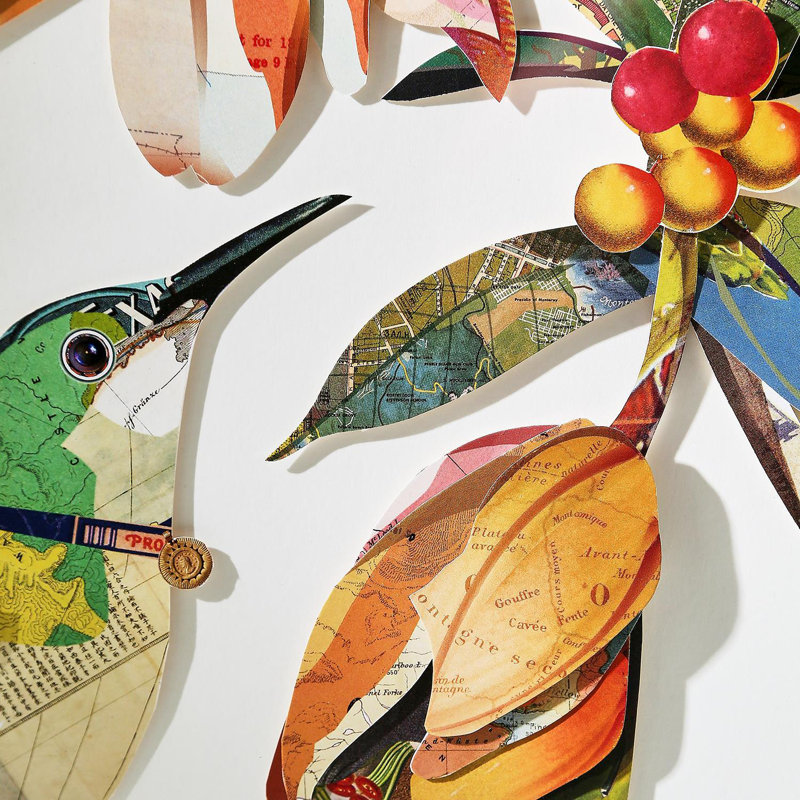 Set Of 2 Humming Birds Paper Collage Wall Art