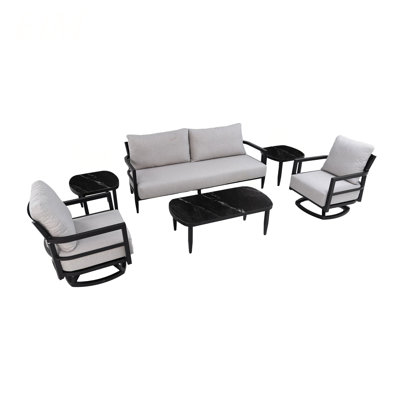6PC Outdoor Conversation Set with Fully Weld 360° Swivel Club Chairs,Luxurious Bench Seat Sofa,Marble-Inspired Sintered Stone Coffee Table  Side Tabl