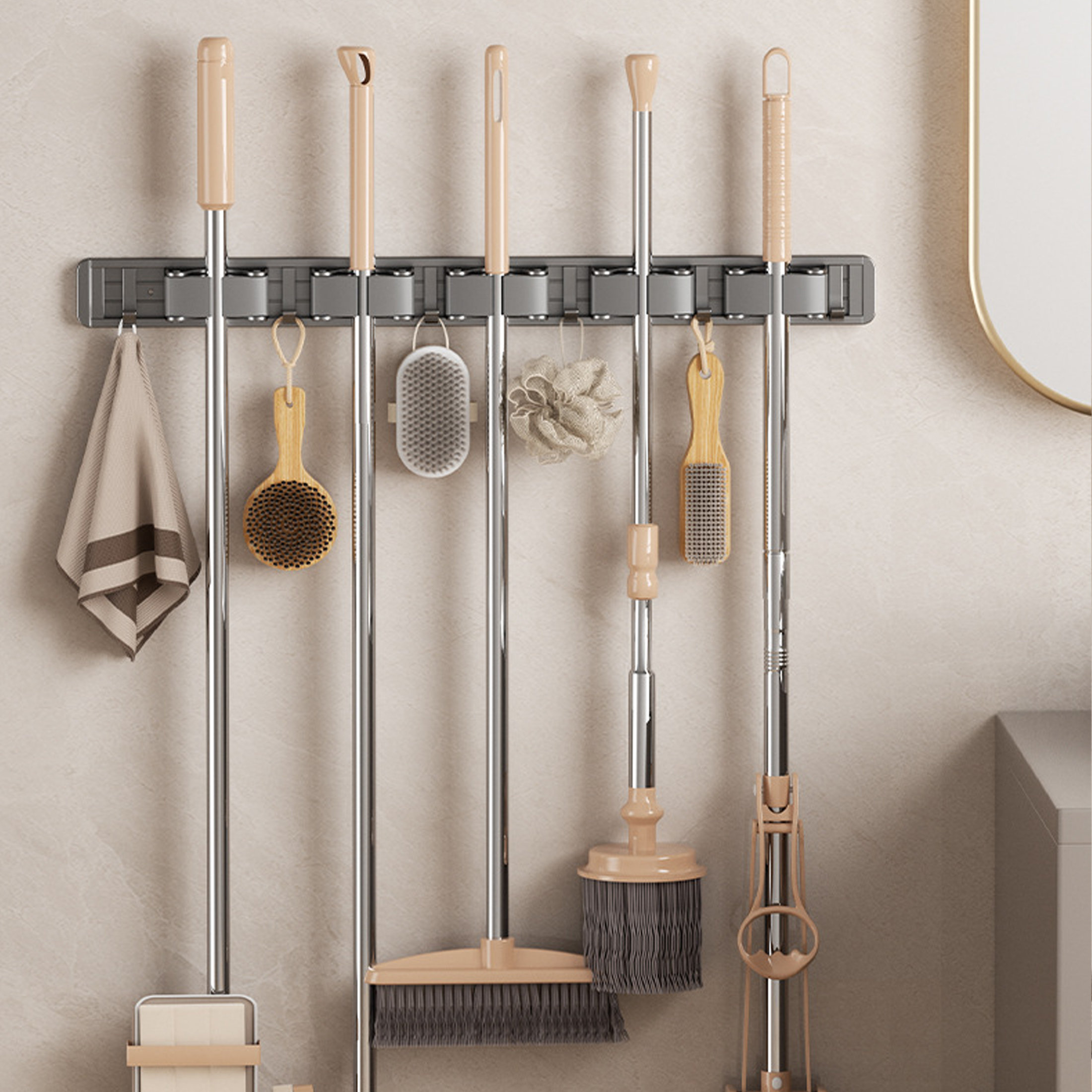 Red Broom Rack Rebrilliant Wall-Mounted Broom Rack With 5 Brackets And 6 Hooks 60 Cm ...