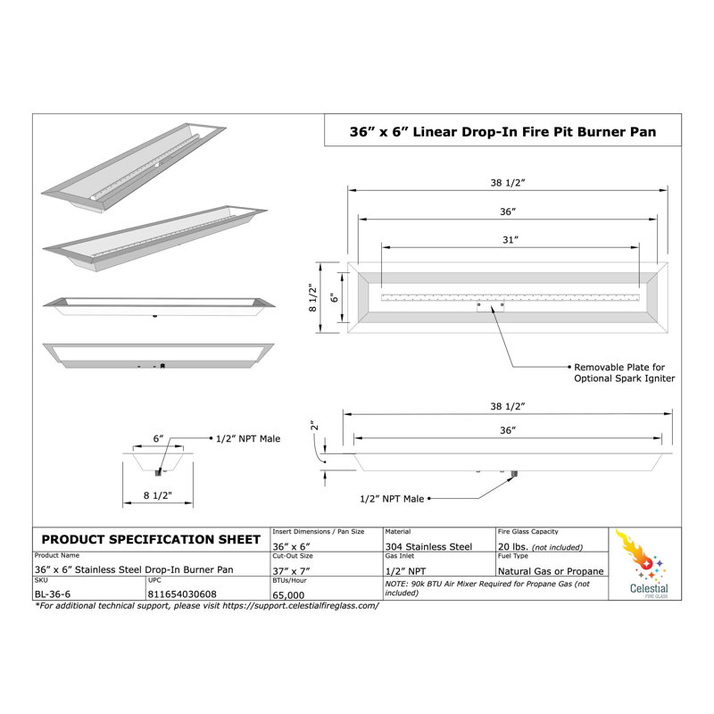 36" Stainless Steel Rectangular Gas Fire Pit Pan