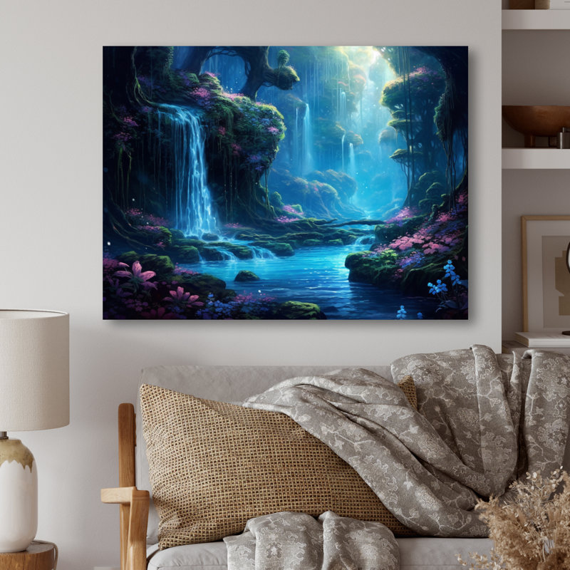 «Blue Green Calming Waterfall», reproduction de métal et de rivières sur métal, H 34 po x l 44 po