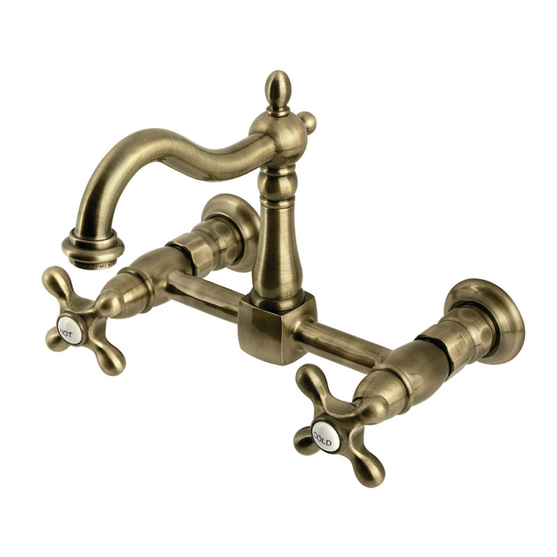 Kingston Brass Heritage Double-Handle 2-Hole Wall-Mount Bridge Kitchen Faucet, Antique Brass