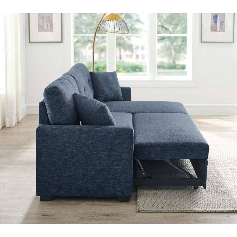 Canapé modulaire 76,5 po en mélange de lin avec lit escamotable et rangement pour chaise longue, Bleu très foncé