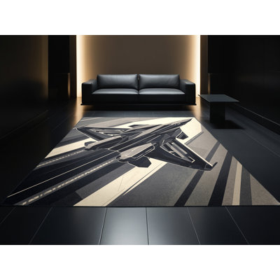 Soft Plush Eddy Fighter Jet Airplane Modern Geometric Area Rug in Black – Black Binding