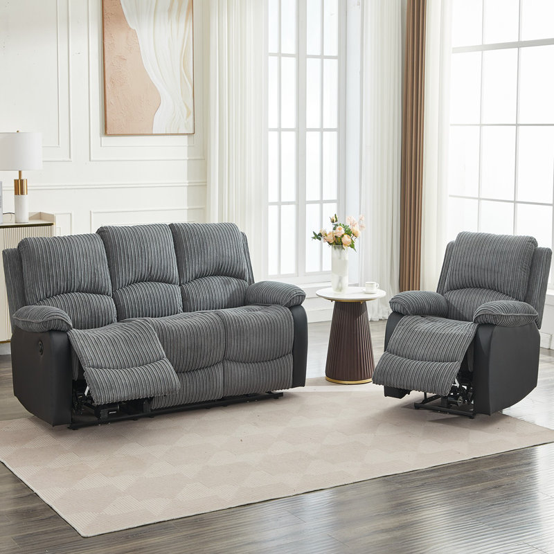 Reclining Sofa Sectional Recliner Plush Corduroy Couches Set Sofa, Power - Push Button