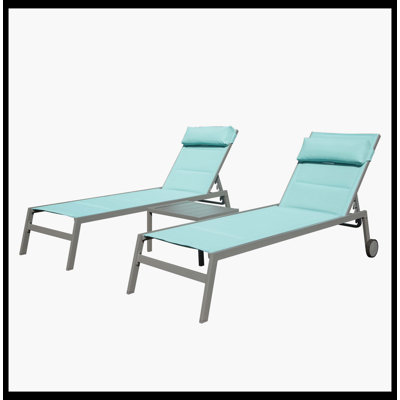 Outdoor Patio Chaise Lounge Set Of 3, High-Quality Aluminum Pool Lounge Chairs With Side Table & Smooth Wheels, PVC-coated polyester Padded Adjustable Recliners With All-Weather Durability For Poolside, Beach, Yard & Balcony (Lake Blue)