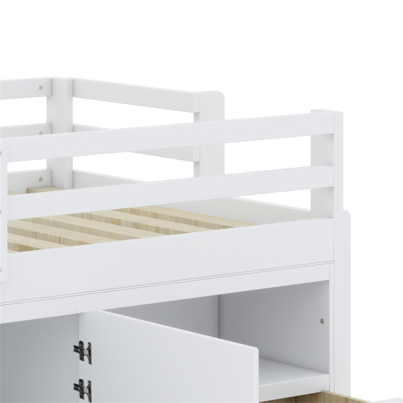 Lit mezzanine avec tiroirs, armoire et tablettes, Blanc