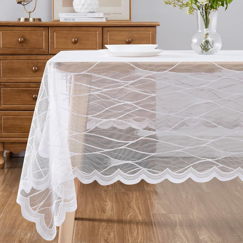 Lace Modern Rectangle Tablecloth With Geometric Design in 3 Sizes, 84" Rectangle, White