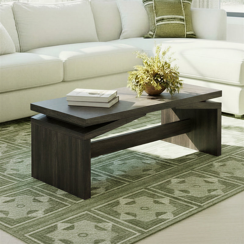 Bateson Modern Easy Assembly Split-Top Coffee Table, 47 Inch, Black Oak