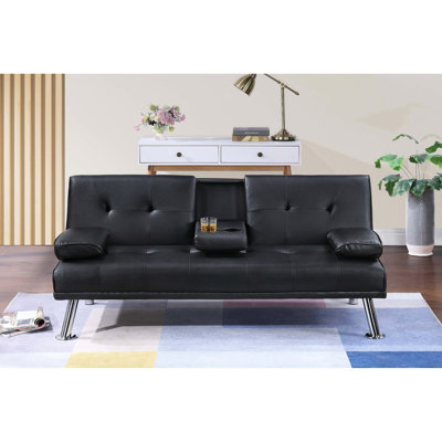 Canapé 2 places contemporain en similicuir noir avec tablette rabattable et porte-gobelets, revêtement capitonné au charme classique pour le salon