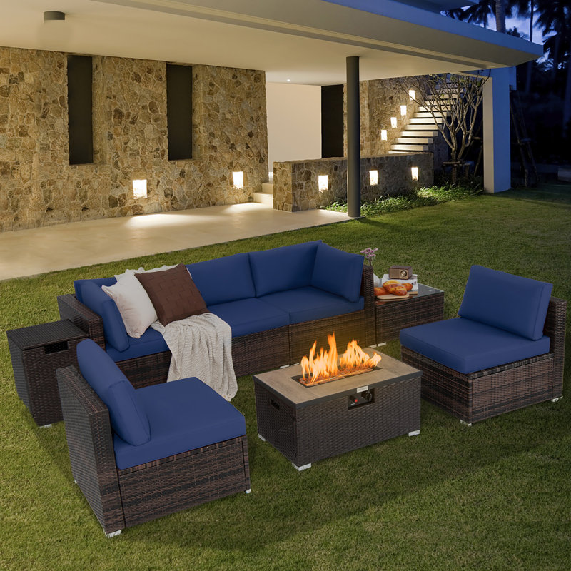Ensemble de meubles de patio en rotin 8 pièces Avaiyah, Bleu marine