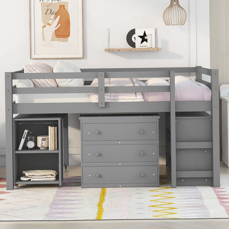 Low Study  Loft Bed With Cabinet ,Shelves And Rolling Portable Desk ,Multiple Functions Bed-, Grey