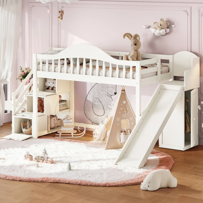 Lit mezzanine simple avec escalier de rangement, glissade et garde-robe intégrée, structure de lit mezzanine en bois avec garde-corps haut pour chambre à coucher, dortoir, chambre d'amis, beige
