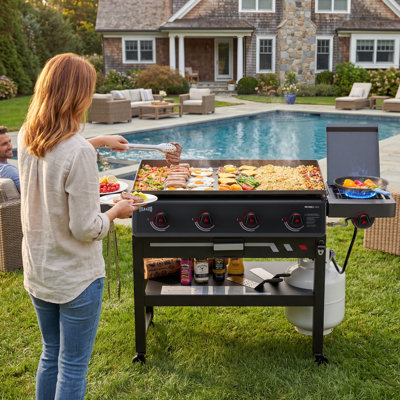 Plaque chauffante au propane à 4 brûleurs de 36 po avec brûleur latéral de 13 000 BTU et couvercle FEASTO, barbecue extérieur à toit plat de 720 po² pour patio et cour arrière