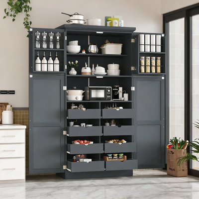 35.5X17.6X70.9Inch Freestanding Kitchen Pantry Cabinet, Tall Storage Cabinet With 4 Doors, 2 Door Shelves, 8 Pull-Out Trays And Adjustable Shelf For D