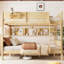 Grand lit superposé avec lattes améliorées, tablettes de rangement et plateau, bois de pin au design en contreplaqué naturel
