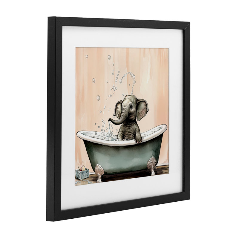 «Baby Elephant Bubble Bath», reproduction encadrée sous verre, conception de Sasha, H 13 po x l 13 po, Cadre noir minuit