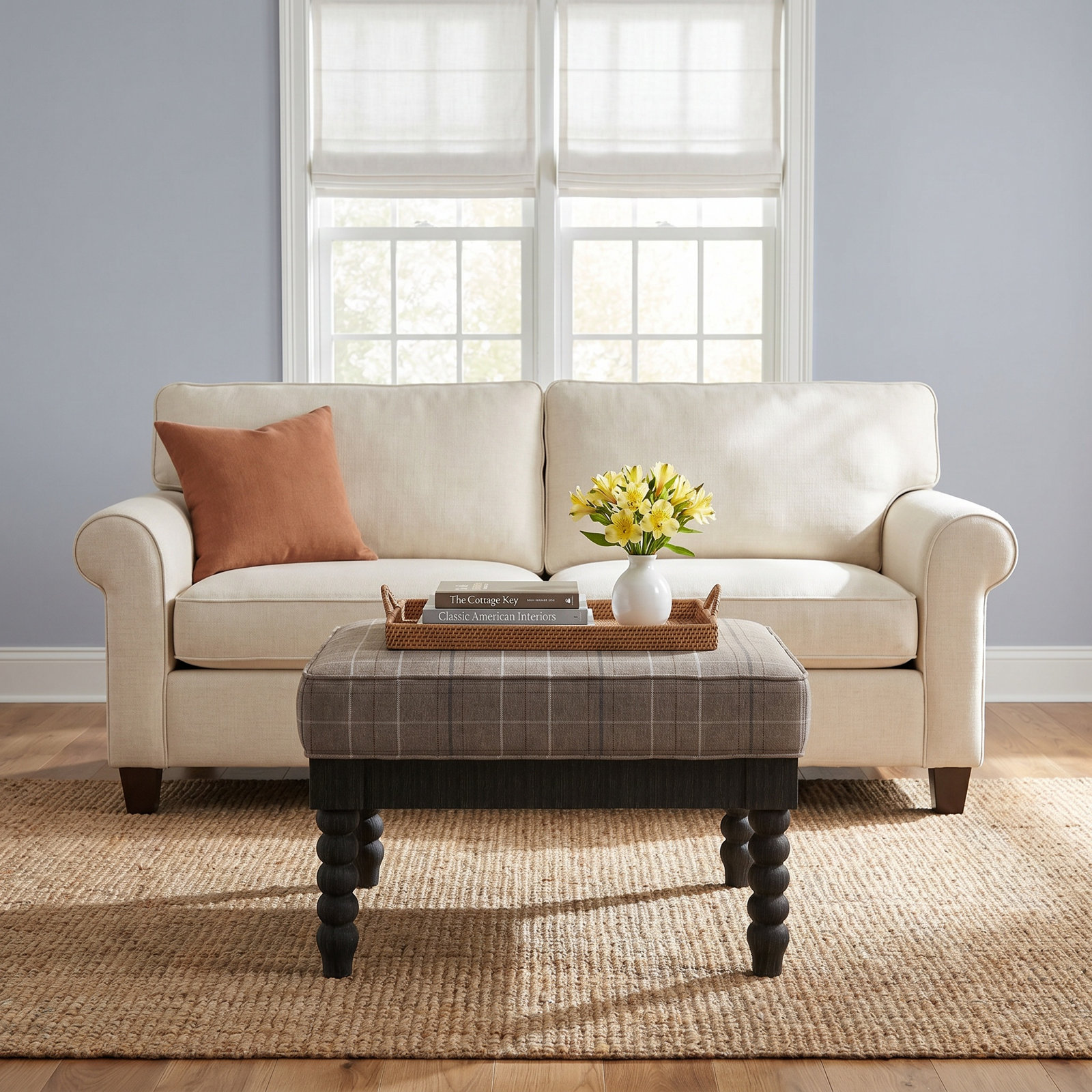 Louisa Upholstered Ottoman, Antique Black Finish, Taupe Plaid