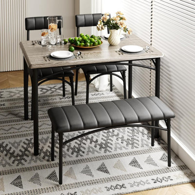 Dining Table Set for 4, Rectangular Wooden Table with Steel Frame, 2 Upholstered Chairs & Bench, Industrial Retro Style Compact Kitchen Dining Furniture for Small Space, Dinner, Apartment,Grey